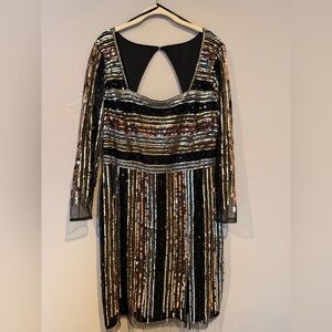 Adrianna Papell beaded sequin sheath cutout back dress size 14W